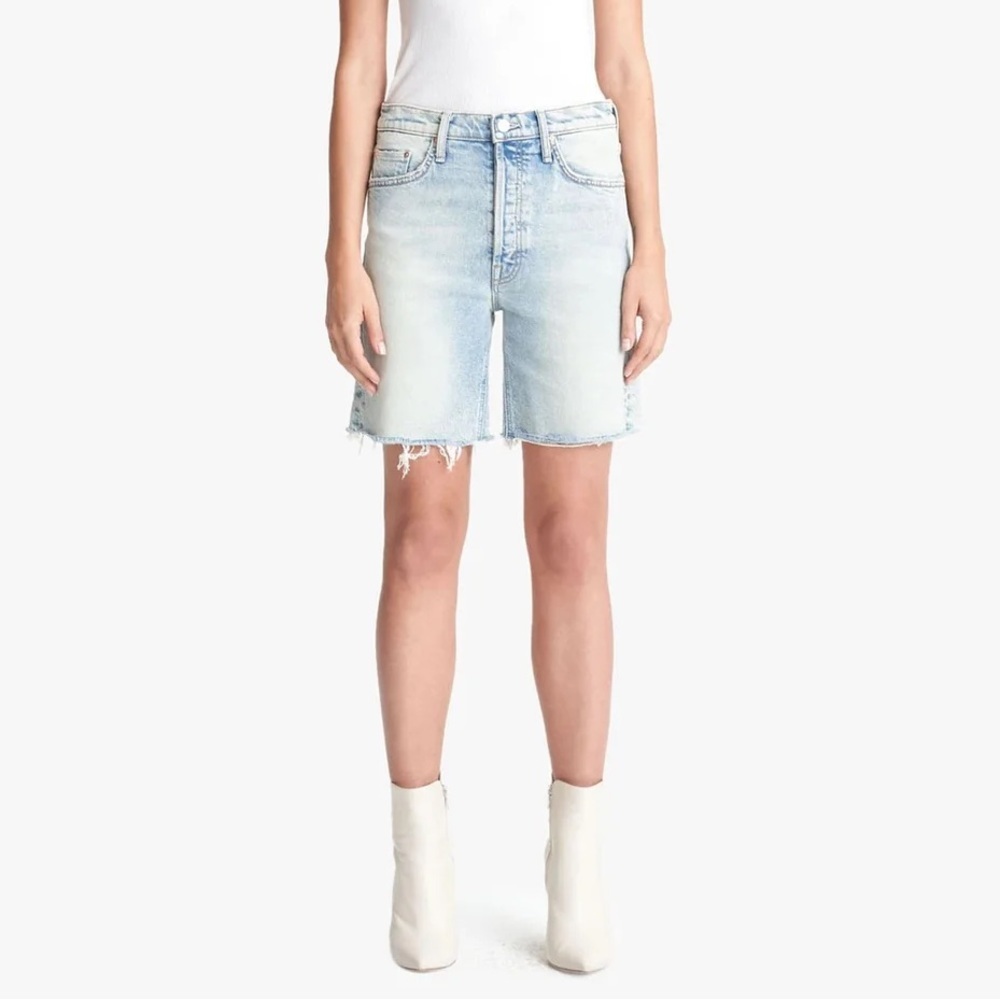 MOTHER Light Wash Denim Jean Shorts - Pale Blue Frayed Hem